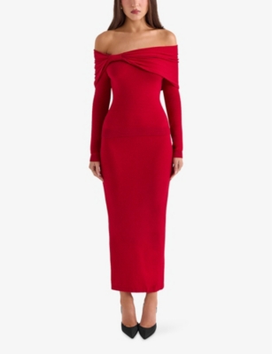 Shop House Of Cb Of Cb Womens Red Faith Slim-fit Knitted Midi Skirt
