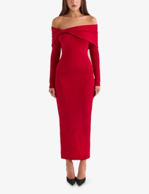 House Of Cb Womens Red Amaryllis Off-shoulder Knitted Jumper In Red