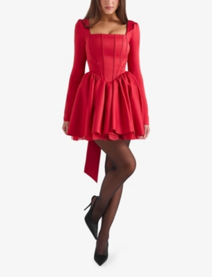 House Of Cb Nina Bow Back Long Sleeve Corset Minidress In Haute Red