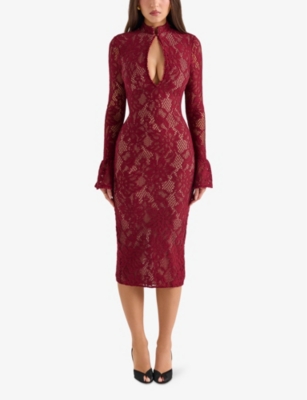 HOUSE OF CB WOMENS RHUBARB PIERETTE KEYHOLE-NECK STRETCH-LACE MIDI DRESS XS