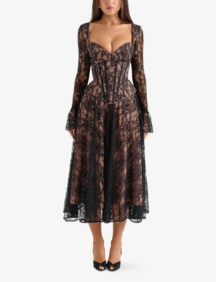 Shop House Of Cb Of Cb Womens Black Raquel Long-sleeve Lace Midi Dress Xs