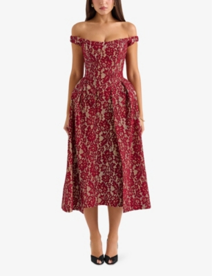 HOUSE OF CB OF CB WOMENS RHUBARB & GOLD CHARMING OFF-THE-SHOULDER LACE AND SATIN MIDI DRESS 