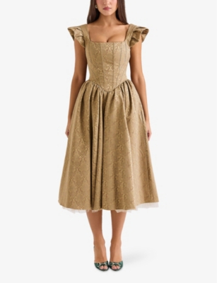 HOUSE OF CB: Alessandra Damask-Pattern Satin-Jacquard Midi Dress