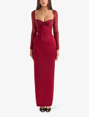House Of Cb Womens Rhubarb Perdi Corset-bodice Satin Maxi Dress In Rhubarb