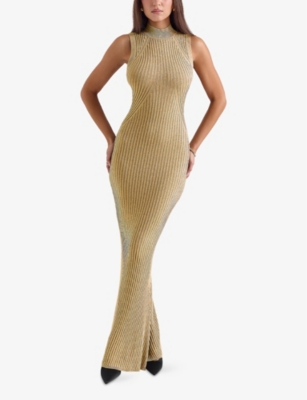 House Of Cb Emmie Metallic Rib Mock Neck Maxi Dress In Gold