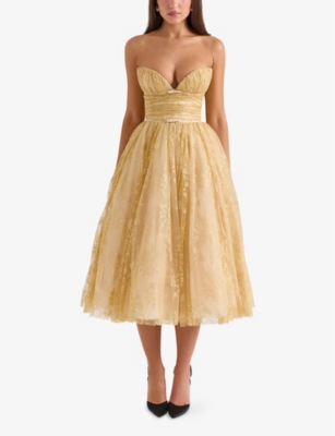 House Of Cb Madame Metallic Gathered Strapless Midi Dress In Peach Dust