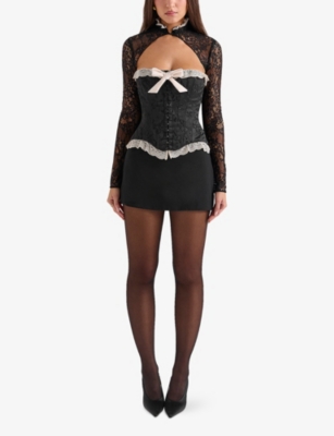 House Of Cb Womens Black Perdita Metallic-jacquard Corset And Bolero Lace Top In Black
