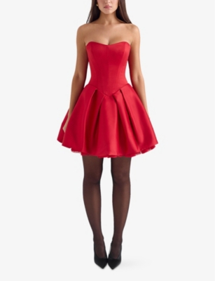 House Of Cb Womens  Noele Bow Strapless Satin Mini Dre In Haute Red