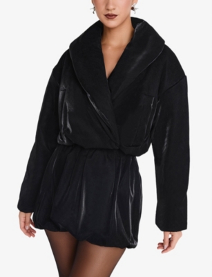 Mistress Rocks Womens Oversized Textured Cropped Woven Puffer Jacket Black In Black