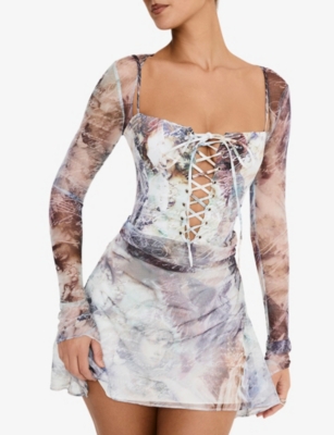 Shop Mistress Rocks Womens Printed Lace-up Slim-fit Faux-leather Mini Dress