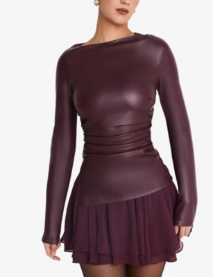 Mistress Rocks Womens Split-side Long-sleeve Stretch Faux-leather Top Dark Plum In Dark Plum
