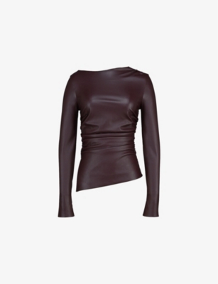 Mistress Rocks Womens Split-side Long-sleeve Stretch Faux-leather Top Dark Plum In Dark Plum