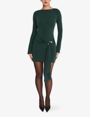 Mistress Rocks Womens Ring-embellished Long-sleeve Draped Stretch-jersey Mini Dress Evergreen In Evergreen
