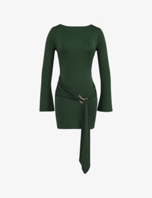 Mistress Rocks Womens Ring-embellished Long-sleeve Draped Stretch-jersey Mini Dress Evergreen In Evergreen