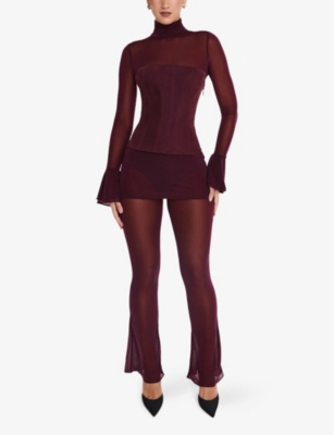 Shop Mistress Rocks Womens Dark Plum High-neck Long-sleeve Corseted Mesh Top Xs