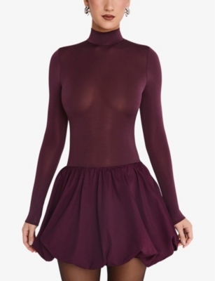Mistress Rocks Womens Puff-ball Long-sleeve Stretch-crepe Mini Dress Dark Plum In Dark Plum