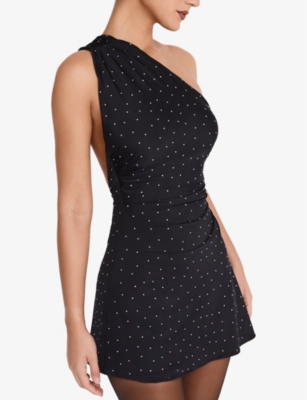 Shop Mistress Rocks Womens Black Crystal-embellished Twist-back One-shoulder Jersey Mini Dress
