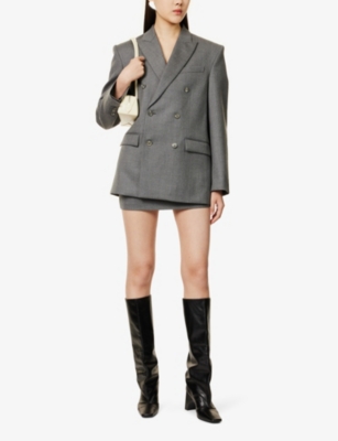 WARDROBE.NYC WOMENS CHARCOAL DOUBLE-BREASTED PEAK-LAPEL WOOL-BLEND BLAZER 