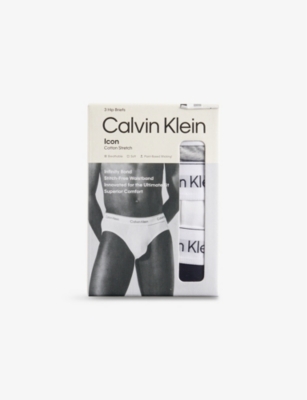 Calvin Klein Mens  Icon Logo-waistband Pack Of Three Stretch-cotton Hip Briefs In Grey Heather, White, Blk