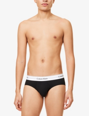 Calvin Klein Mens  Icon Logo-waistband Pack Of Three Stretch-cotton Hip Brief In Black, Black, Black
