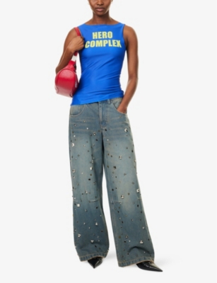 Cowboys Of Habit Womens  Hero Complex Slogan-print Stretch-jersey Tank Top In Blue