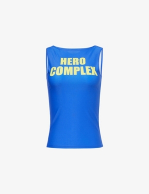 Cowboys Of Habit Womens  Hero Complex Slogan-print Stretch-jersey Tank Top In Blue