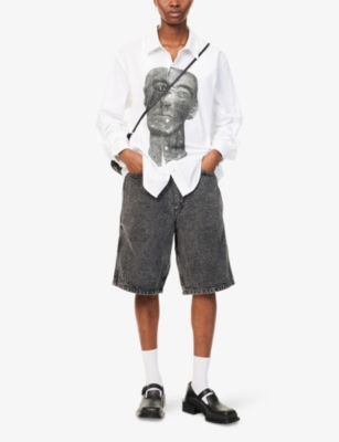 HERESY: Stearn Brand-Patch Wide-Leg High-Rise Denim Shorts