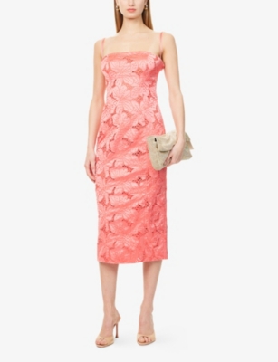 Shop Genny Womens  Embroidered Moulded-cups Stretch-woven Midi Dress In Tea Rose
