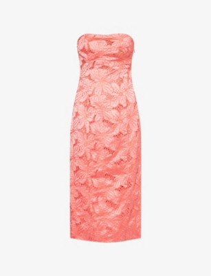 Shop Genny Womens  Embroidered Moulded-cups Stretch-woven Midi Dress In Tea Rose