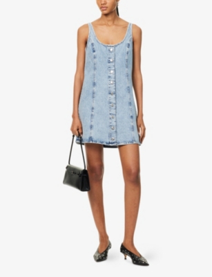 FRAME WOMENS MINGLE BUTTON-DOWN SLEEVELESS SHIFT DENIM MINI DRESS 