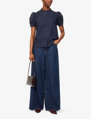 FRAME: The Gathered Puffed-Short-Sleeves Cotton-Poplin Top