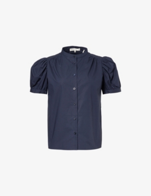 FRAME: The Gathered Puffed-Short-Sleeves Cotton-Poplin Top