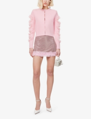 SELF-PORTRAIT WOMENS CUT-OUT LACE-TRIM KNITTED CARDIGAN PINK XS 