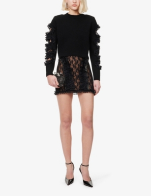 SELF-PORTRAIT WOMENS BLACK CUT-OUT LACE-TRIM KNITTED CARDIGAN XS 