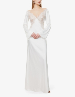 SELF-PORTRAIT: Lace-Trim Long-Sleeve Satin Maxi Dress