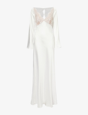 SELF-PORTRAIT: Lace-Trim Long-Sleeve Satin Maxi Dress