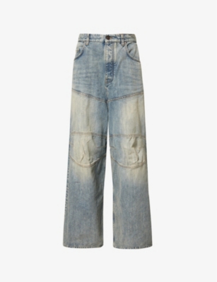 BALENCIAGA MENS STAINED FADED-WASH WIDE-LEG RELAXED-FIT DENIM JEANS