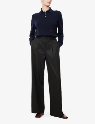 Hommegirls Womens Navy Embroidered-logo Long-sleeve Wool Knitted Polo Shirt In Navy