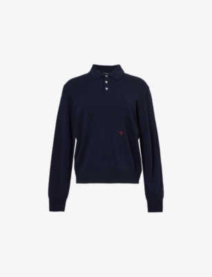 Hommegirls Womens Navy Embroidered-logo Long-sleeve Wool Knitted Polo Shirt In Navy