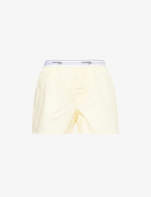 Hommegirls Womens Branded-waistband Pleated Mid-rise Cotton-poplin Shorts Yellow Stripe In Yellow Stripe