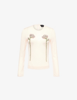 SIMONE ROCHA WOMENS NUDE/NUDE/PINK MULTI CRYSTAL-EMBELLISHED LONG-SLEEVE SHEER MESH TOP 