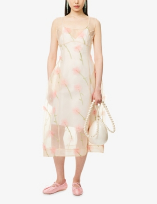 SIMONE ROCHA: Sculpted Carnation-Embroidered Sheer-Silk Organza Midi Dress