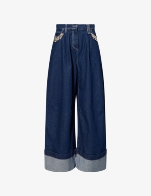 Wide-Leg Puddle Embellished Denim Jeans