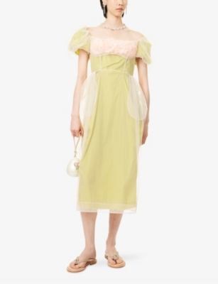 SIMONE ROCHA: Carnation-Bust Puff-Sleeve Tulle Midi Dress