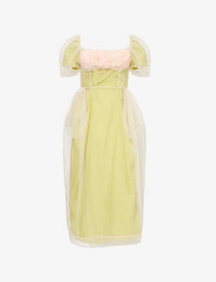 SIMONE ROCHA: Carnation-Bust Puff-Sleeve Tulle Midi Dress