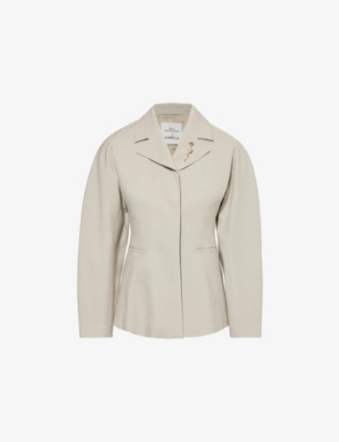 MARELLA WOMENS SAND MARELLA X EMILY RATAJKOWSKI ROUNDED SINGLE-BREASTED LINEN-BLEND BLAZER