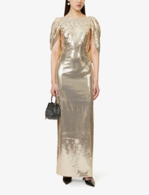 HUISHAN ZHANG WOMENS GOLD ELLERY SEQUIN-EMBELLISHED WOVEN GOWN 