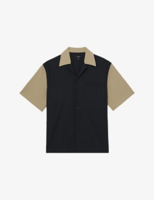 Reiss Mens  Colour-block Cuban-collar Stretch-knit Shirt