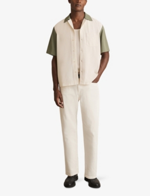 Reiss Mens Off White Sage Colour-block Cuban-collar Stretch-knit Shirt Xl