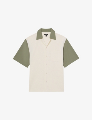 Reiss Mens Off White Sage Colour-block Cuban-collar Stretch-knit Shirt Xl